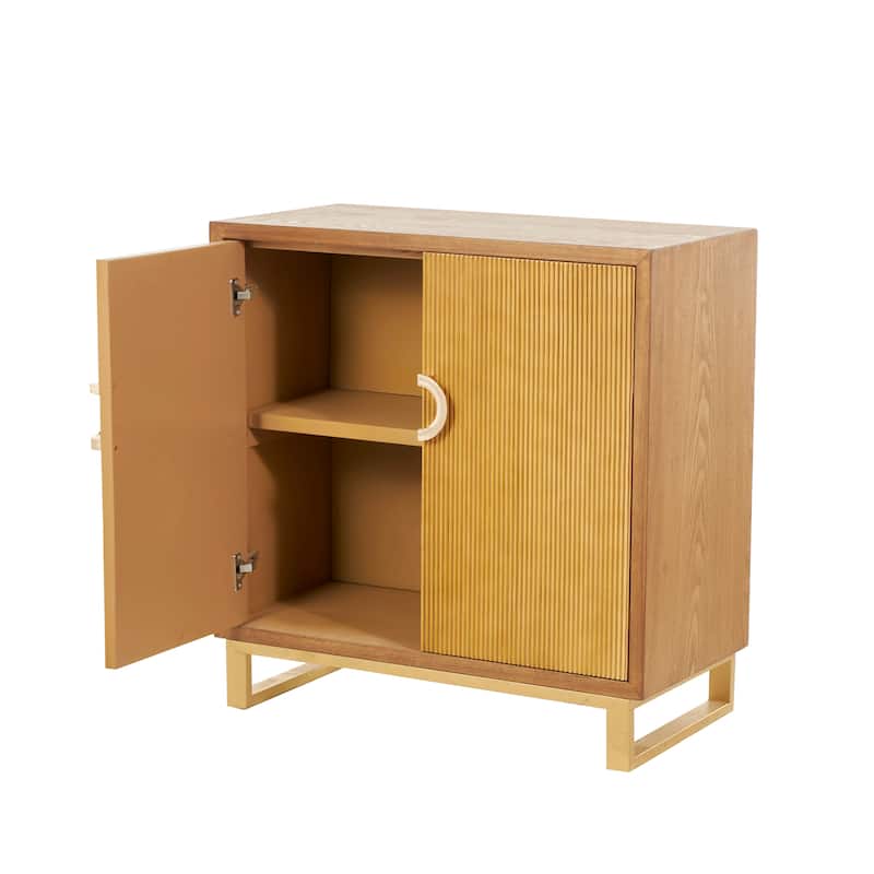 Wooden Geometric 2 Door Cabinet with Gold Vertical Grooves and Curved Handles - Brown - Roche River Decor - 16"W x 32"L x 32"H