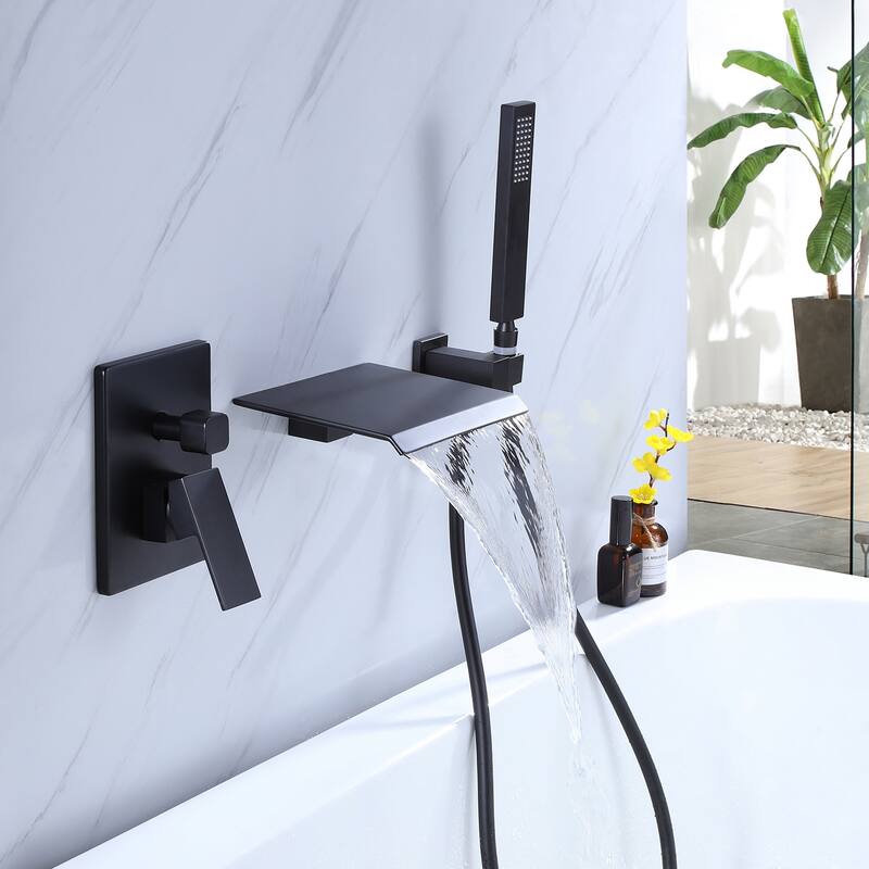 Matte Black Double Handles Waterfall Tub Faucet With Hand Shower