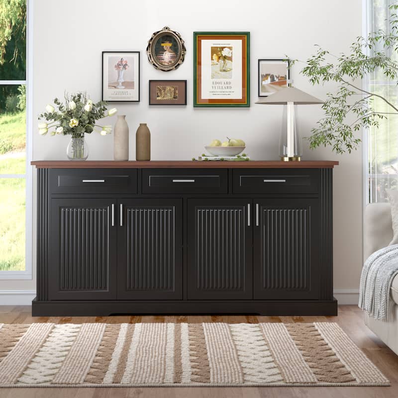 Buffet Sideboard Storage Cabinet with 3 Drawers & 4 Doors, Kitchen Accent Buffet Console Table Credenza with Adjustable Shelves