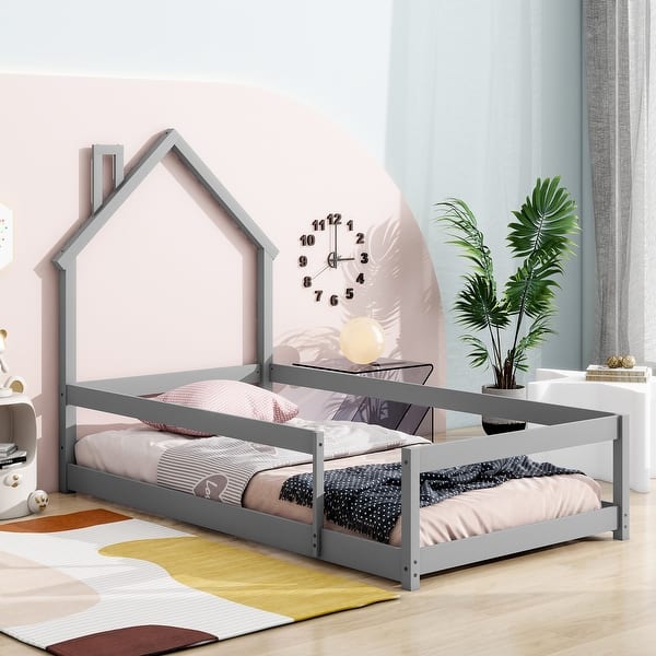 slide 2 of 8, Grey Twin Size Pine Wood Floor Bed with House-shaped Headboard Grey