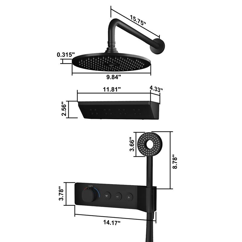 3-Spray Shower Faucet Set 10" Wall Mounted Thermostatic Shower Head with Body Jets and Handheld Shower in Matte Black