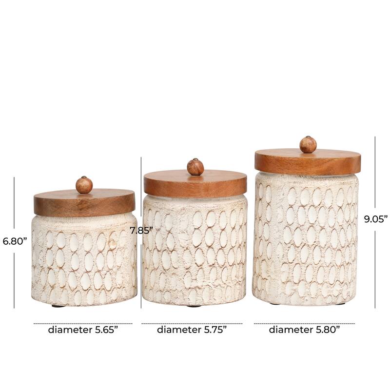 Paper Mache Geometric Handmade Carved Spotted Canisters with Brown Removable Lids - Set of 3 Cream - Roche River Decor