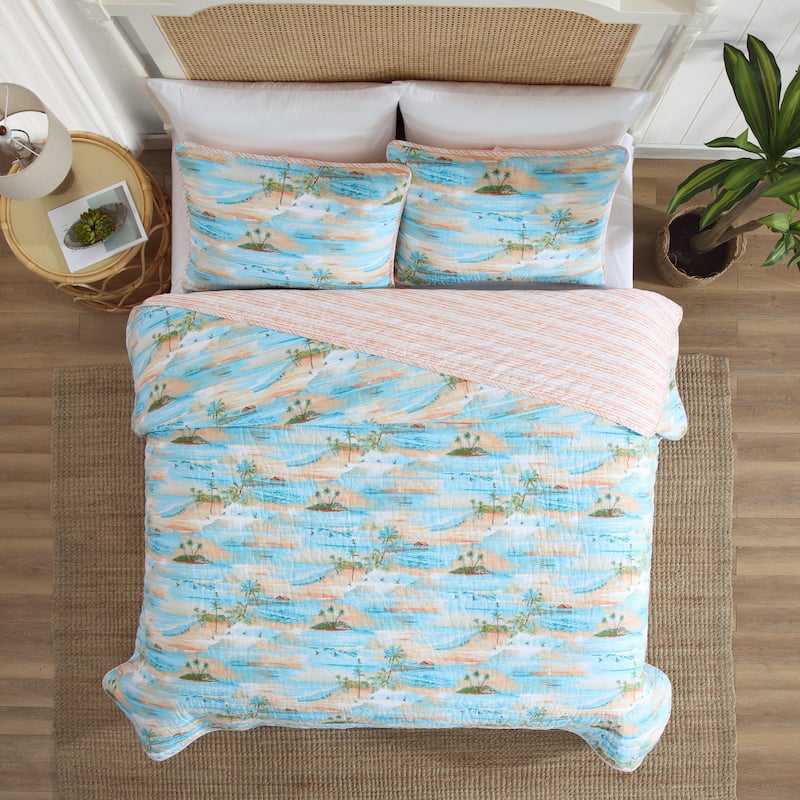 Tommy Bahama Bon Voyage Tropical Island Reversible Cotton Quilt (Blue, 3 Piece Set)