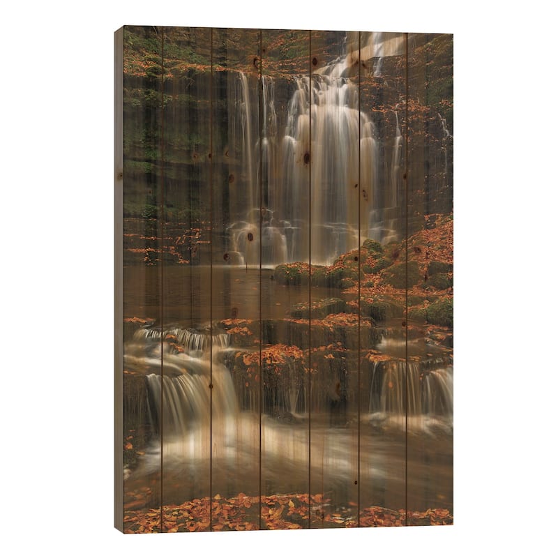 Woodland Waterfall Print On Wood by Adam Burton - Multi-Color - 26x18x1.5