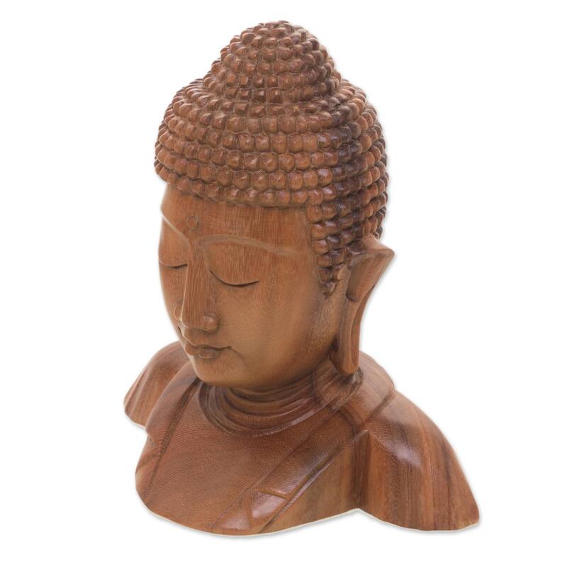 Handmade Serenity Of Buddha Wood Statuette (Indonesia) - 7.75" H x 7" W x 4.7" D