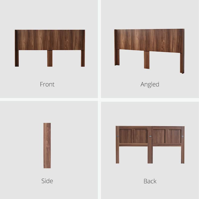 King Size Wall Mounted Wood Headboard with Fluted Panel and Wingback Design - Walnut Finish