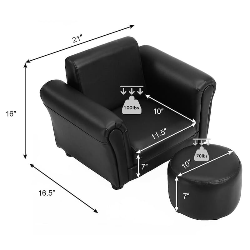 Black Kids Single Armrest Couch Sofa with Ottoman - 21" x 16.5" x 16' (LxWxH)