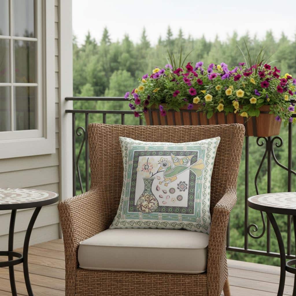 HomeRoots 20" x 20" Green and White Bird Blown Seam Floral Indoor Outdoor Throw Pillow - 20.00' X '5.00' X '20.00