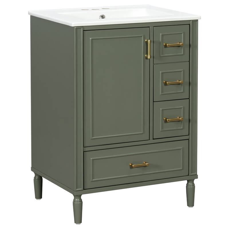 24" Modern Bathroom Vanity with Ceramic Sink - Soft-Close Door, 3 Drawers & Gold Handles