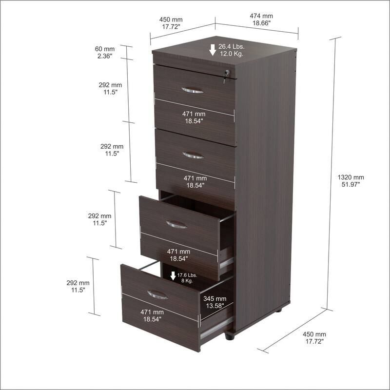 HomeRoots 52" Espresso Melamine and Engineered Wood File Cabinet with 4 Drawers