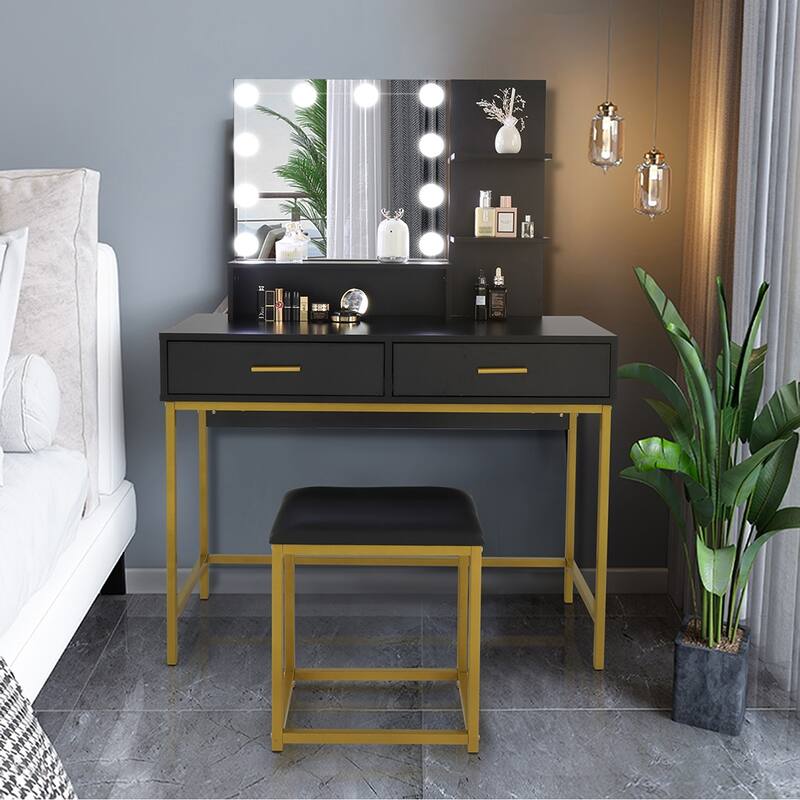 Vanity Set with Cushioned Stool 10 LED Bulbs 3 Shelves and 2 Drawers - Black+Gold