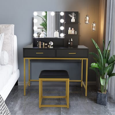 Vanity Set with Cushioned Stool 10 LED Bulbs 3 Shelves and 2 Drawers