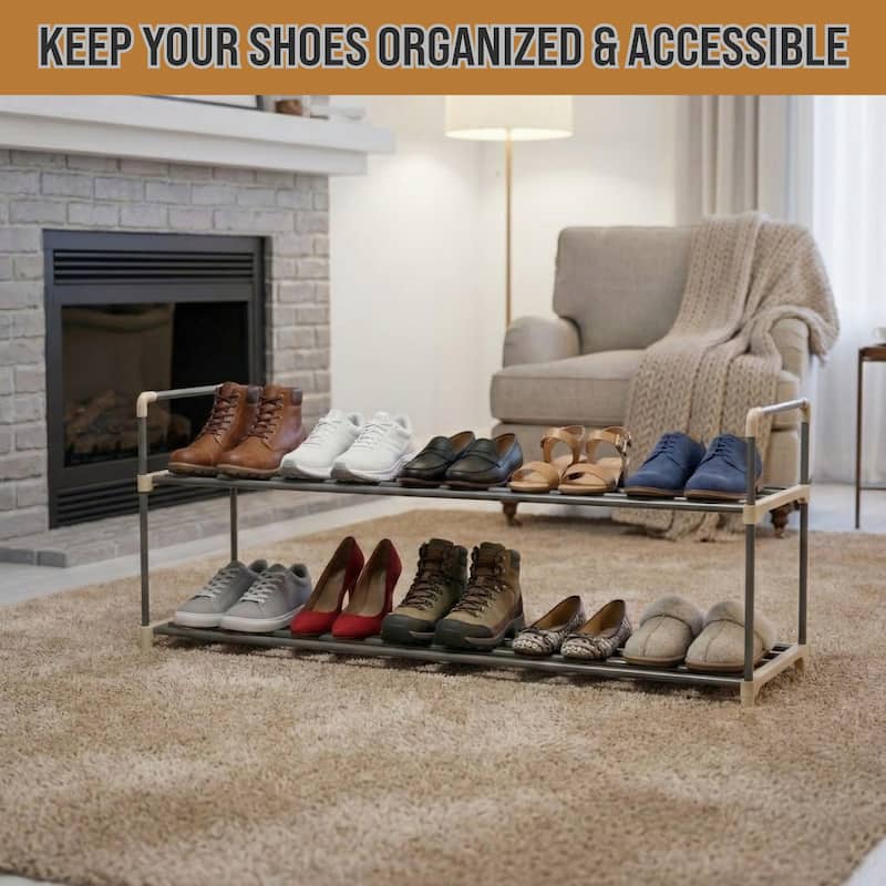 Shoe Rack - 2-Tier Shoe Organizer Shelf Holds 10 Pairs Sneakers, Heels, Boots by Home-Complete (Gray)