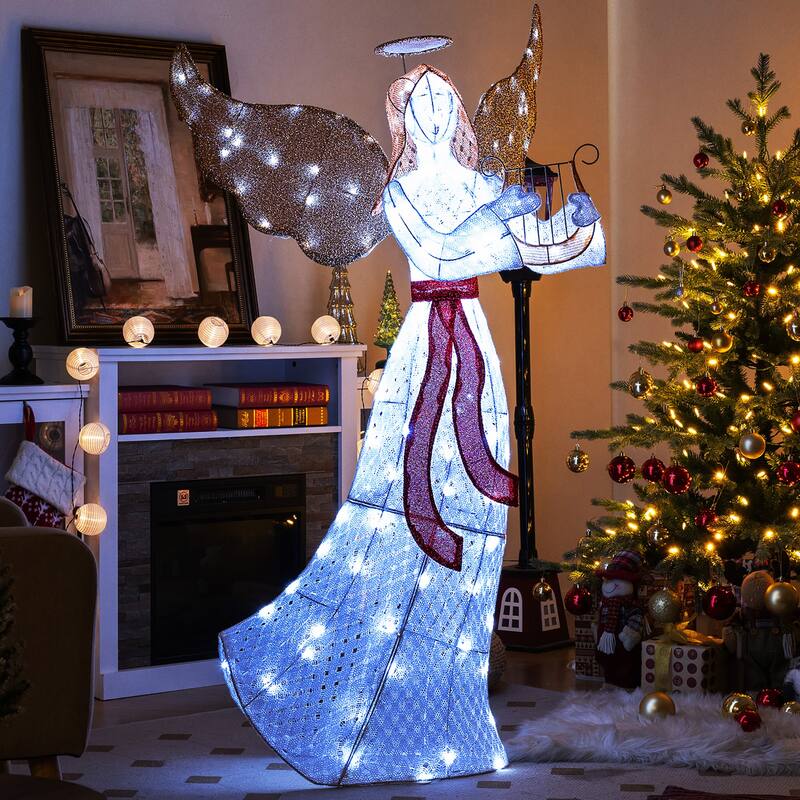 Gymax 5 FT Lighted Angel w/ Harp LED Lights Halo Zip Ties & Ground - Multi - See Details