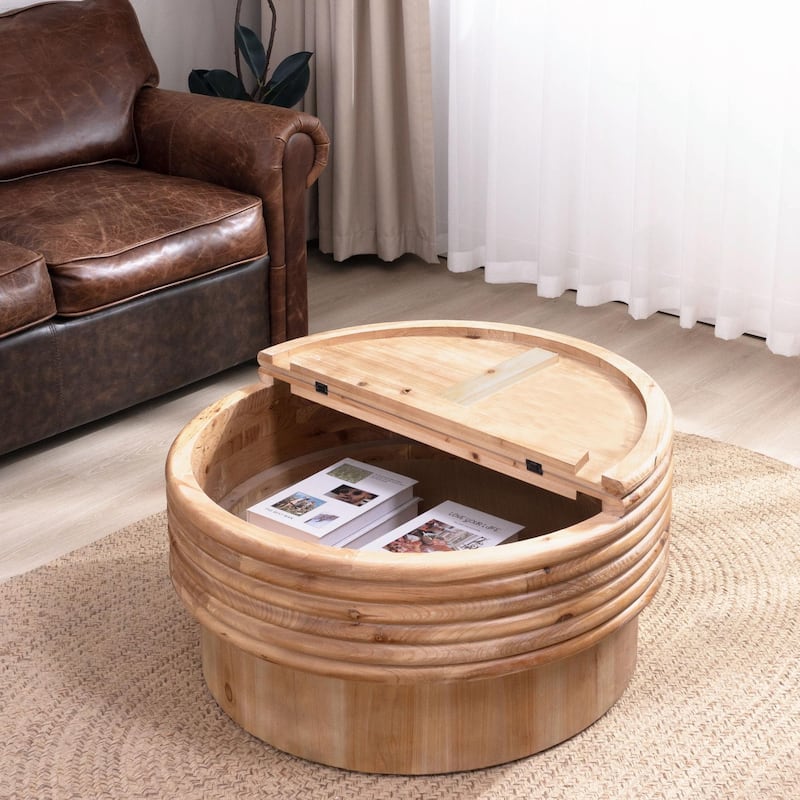 ​Rustic Wood Coffee Table - 30" Round with Lift Lid - Natural