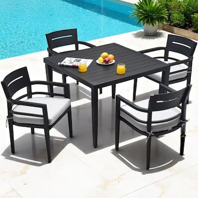 KISRAIS 5-Piece Outdoor Patio Aluminum Furniture, Dining Table with Umbrella Hole, Sunbrella Fabric Cushion