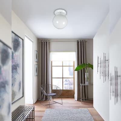 Flush Mount Light Fixture in White Finish with White Glass