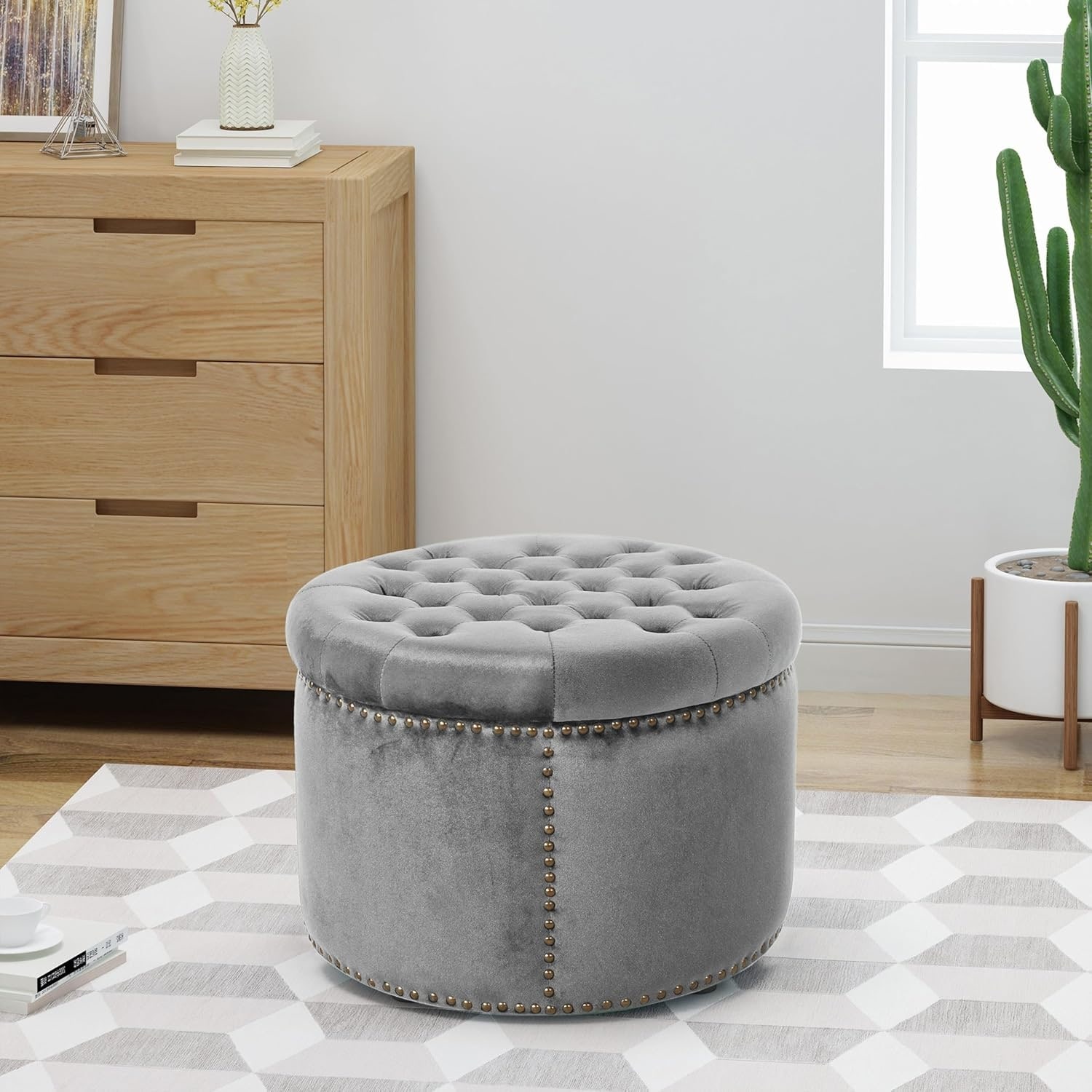Round Velvet Upholstered Ottoman, Small Footrest Stool, End Side Table, Button Tufted Coffee Table - Light Gray