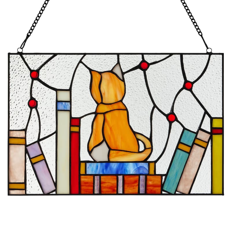 River of Goods 13-Inch Kitten on Books Stained Glass Window Panel - 13" x 0.25" x 8.5" - Multi