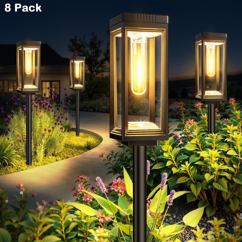 8-Pack Tall Solar Path Lights - 15H Auto On/Off, Waterproof, Warm White