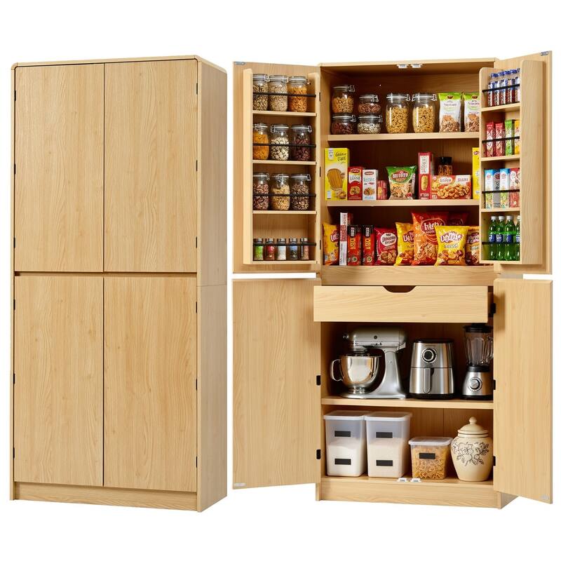 72" Tall Farmhouse Kitchen Pantry Cabinet with 8 Door Shelves, Curved Design Storage Cabinet with 3 Adjustable Shelves - Natural