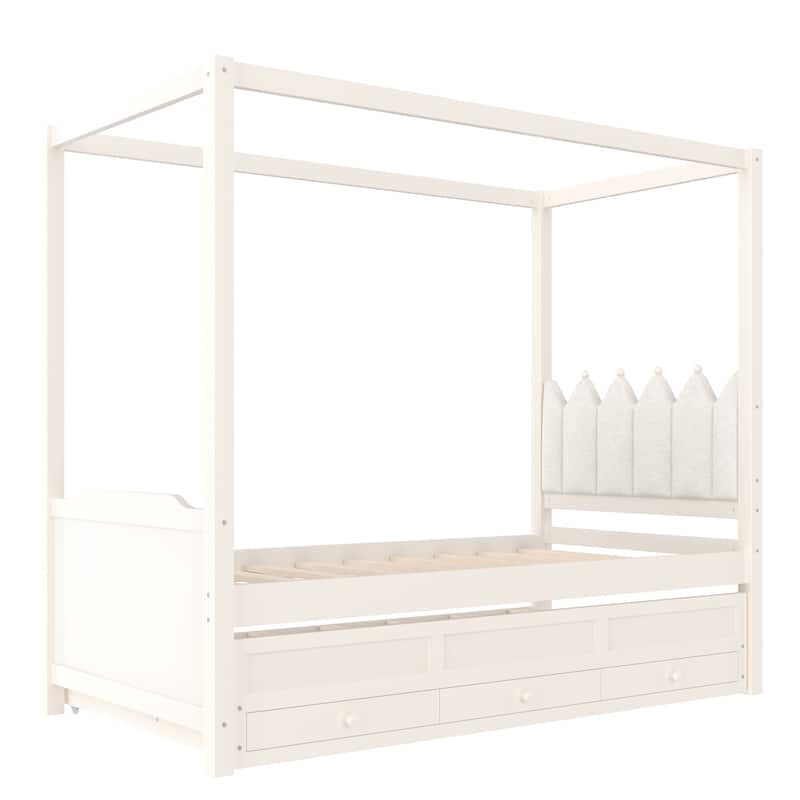 Full/Twin Platform Bed with Upholstered Headboard, Trundle & 3 Drawers, Princess Canopy Bed