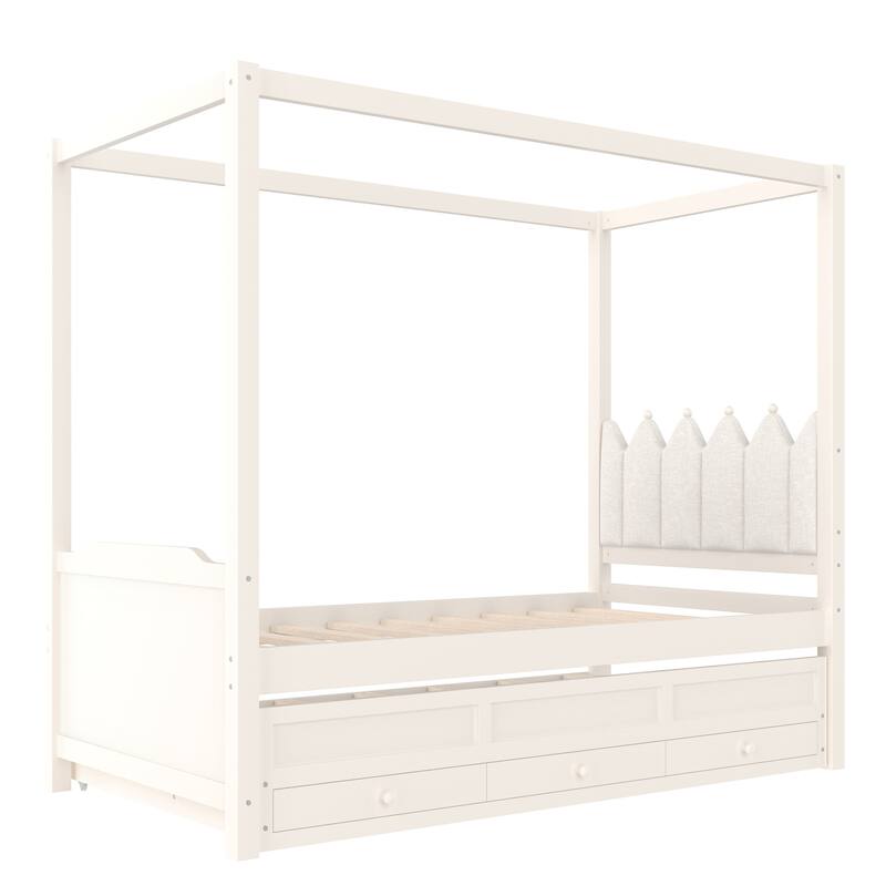 Roomfitters Canopy Bed with Trundle and Drawers, Upholstered Crown Headboard, Solid Wood Frame