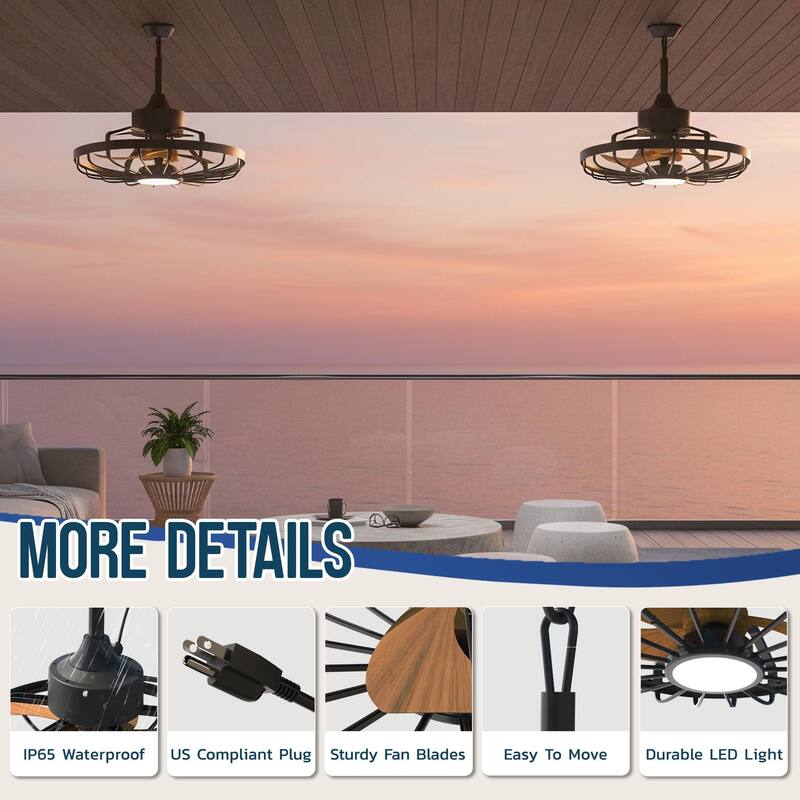 20" Outdoor Ceiling Fan with Light, 6-Speed Reversible Motor, Waterproof Caged Fan for Patio, Gazebo, Kitchen.