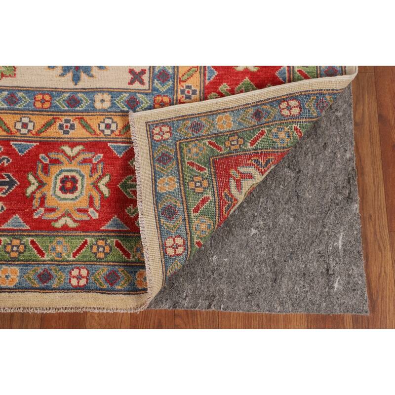 Geometric Kazak Area Rug Hand-Knotted Beige / Ivory Wool Carpet - 6'5" x 9'8"