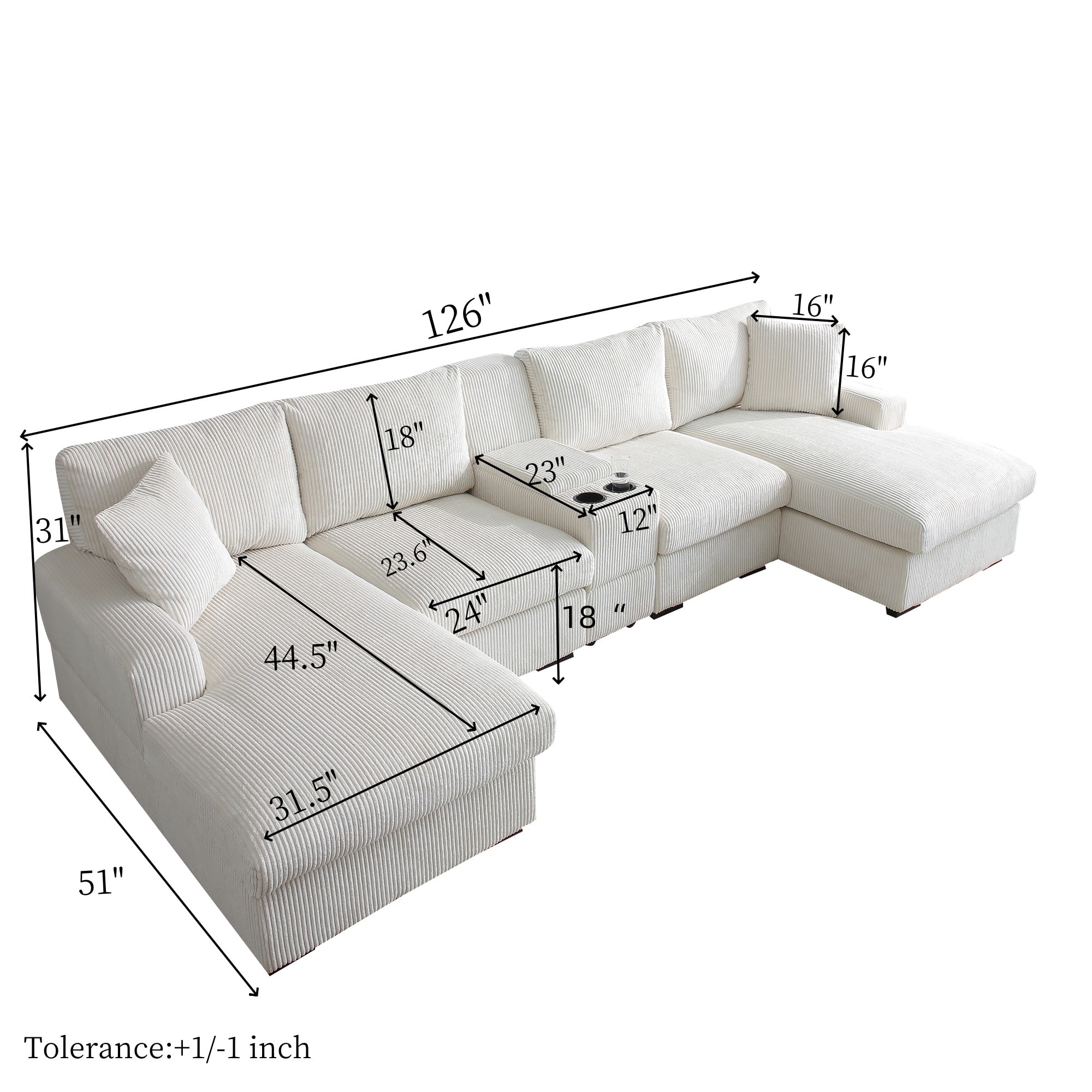 126" Oversized U Shaped Couch, Corduroy Cloud Sectional Sofa with Storage Box, Double Chaise