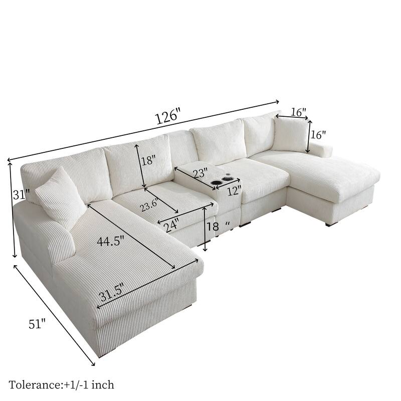 Comfy Corduroy Cloud U-shaped Sectional Sofa with Double Chiase Lounge, Built-in Storage Console and Cup Holders for Living Room