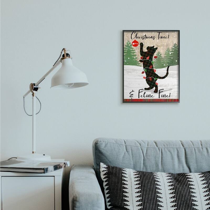 Stupell Country Holiday Christmas Time Phrase Family Cat Scene Framed Wall Art