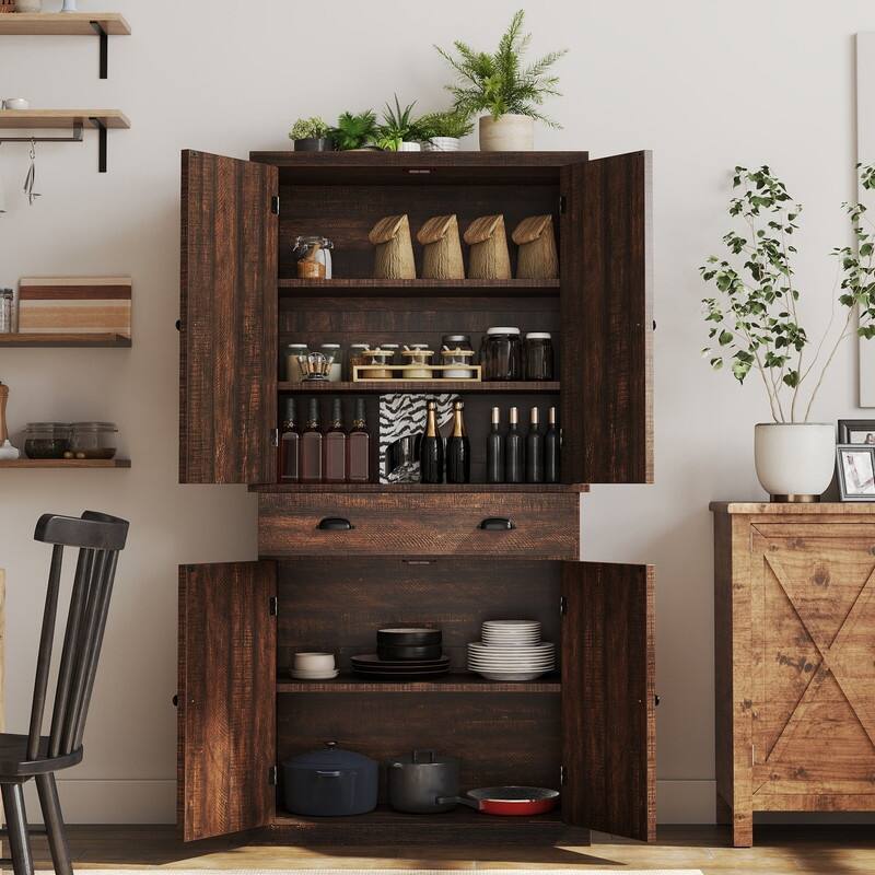 Farmhouse Kitchen Storage Pantry Cabinet with with 4 Barn Doors and Large Drawer & Adjustable Shelves
