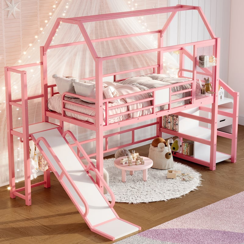 Fun Play House-shaped Loft Bed Metal Bed Frame with Grid and Shelves