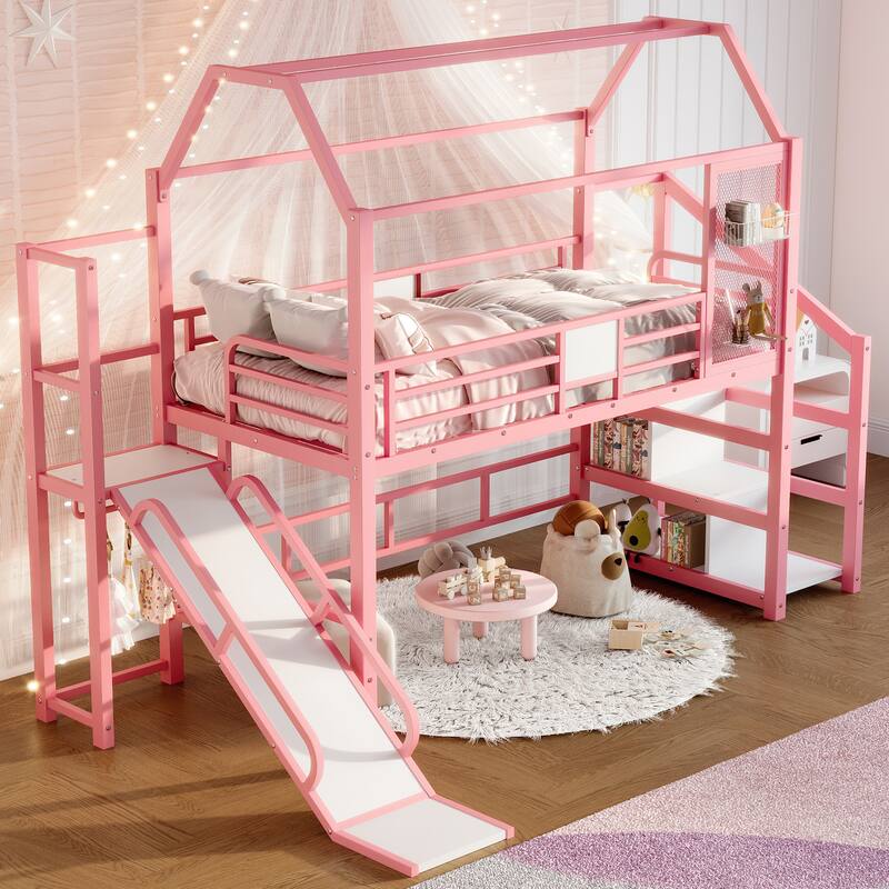 Twin House Loft bed with Slide and Stairs, Metal Playhouse Bed with Storage Shelves, House-shaped Roof and Noise-free Design