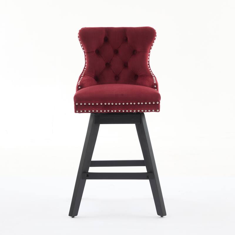 Velvet Swivel Bar Stools Set of 2, Button Tufted Rivet Trim Dining Room Chairs, Kitchen Stools with Wooden Legs - WINE RED