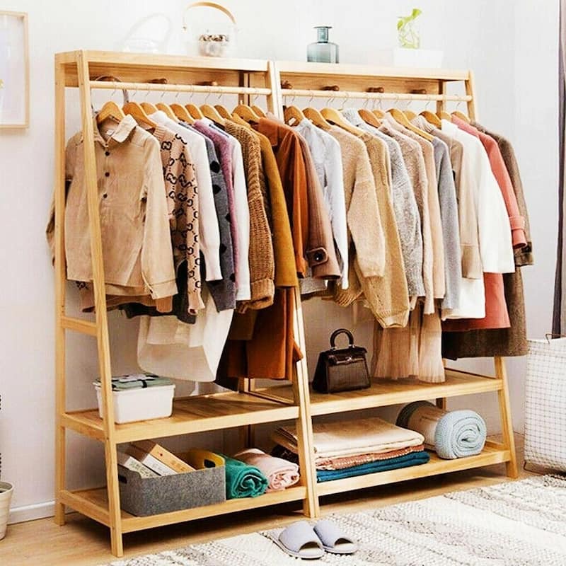 Bamboo Garment Coat Clothes Hanging Heavy Duty Rack with Top Shelf - 31 in. x 65 in.x 17 in.