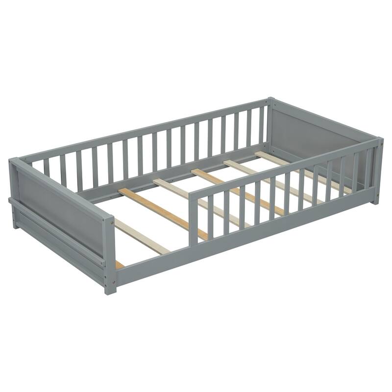 Twin Size Wood Floor Platform Bed with Built-in Book Storage Rack