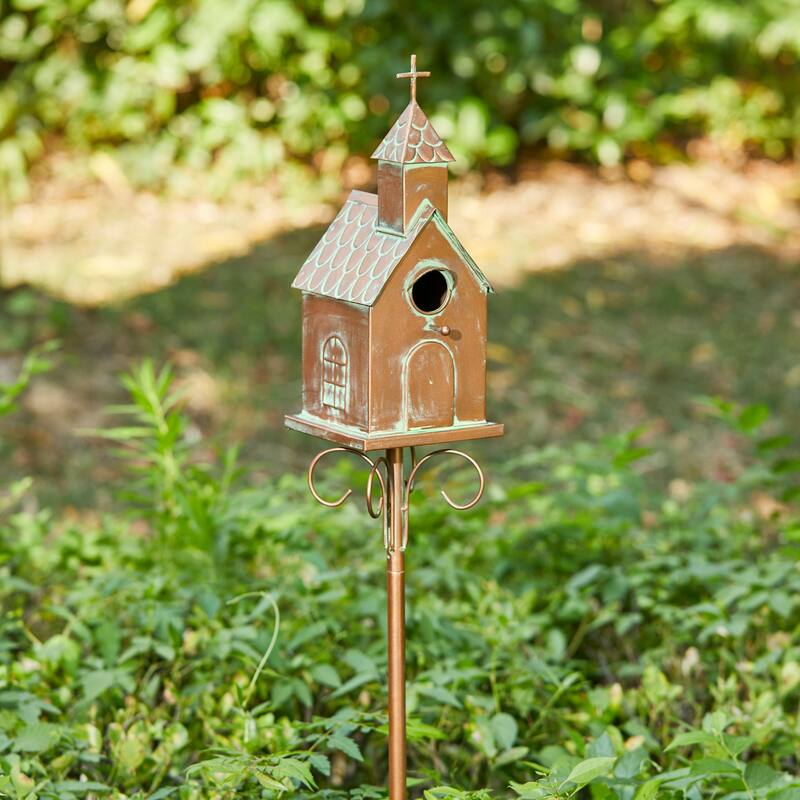 Glitzhome 53"H Farmhouse Distressed Metal Standing Churchlike Birdhouse Garden Stake - Brown