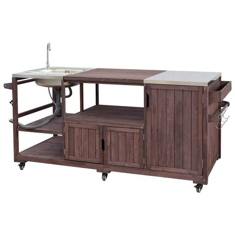 75" Outdoor Kitchen Island with Sink, Rolling Cart & Stainless Steel Top
