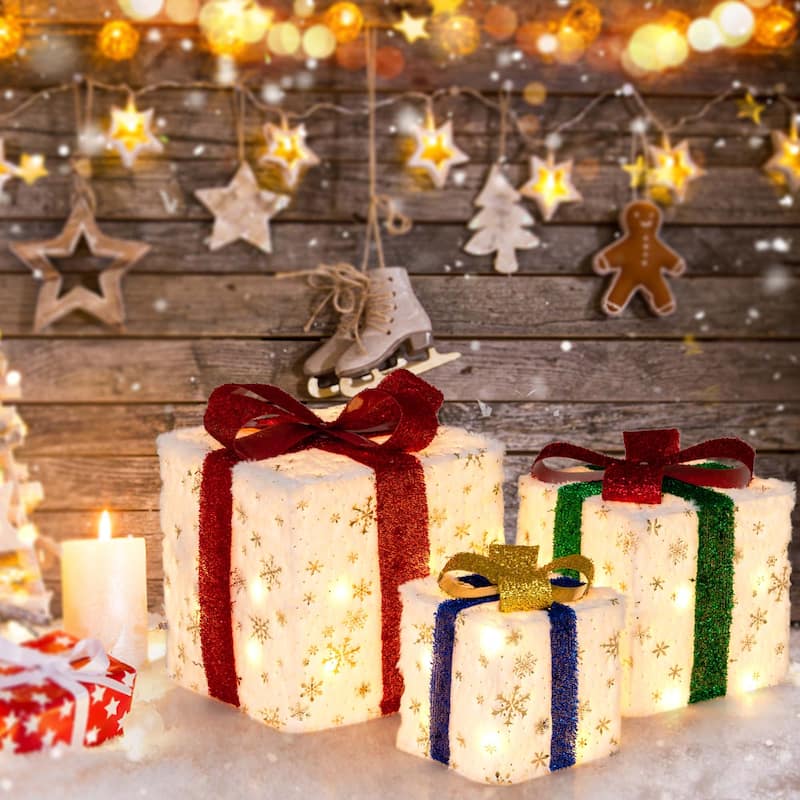 3PCS Christmas Lighted Gift Boxes Pre-lit Present Decoration w/ Lights - White+Red+Golden+Green+Blue
