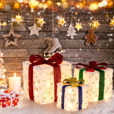 3PCS Christmas Lighted Gift Boxes Pre-lit Present Decoration w/ Lights - White+Red+Golden+Green+Blue