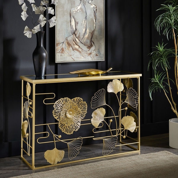 Pomonok Gold Finish Peony and Ginkgo Console Table with Mirror Top