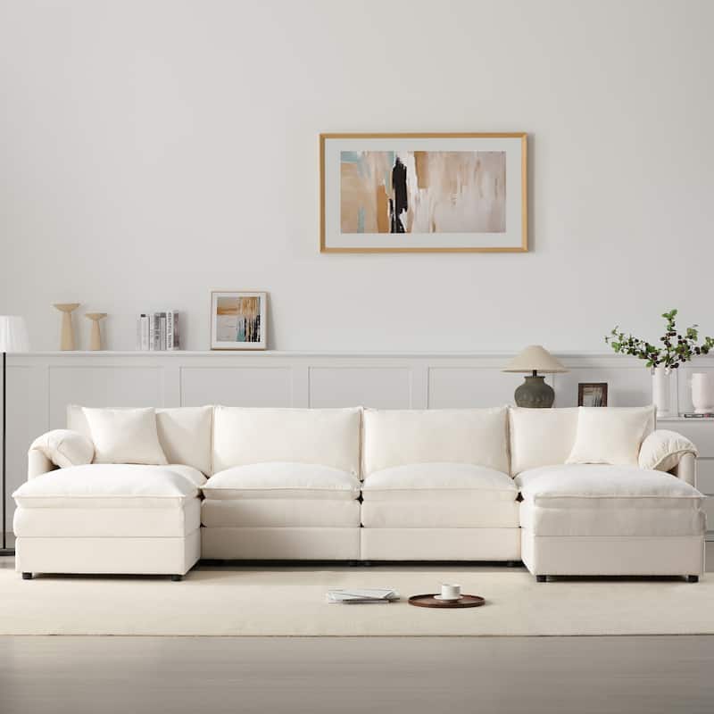 136" U-Shaped Chenille Cloud Sectional Sofa with Dual Ottomans