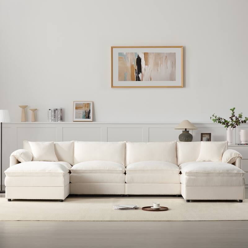 Contemporary Modular Sectional Sofa with Extra Wide Cushions and Movable Ottomans for Living Room or Guest Room