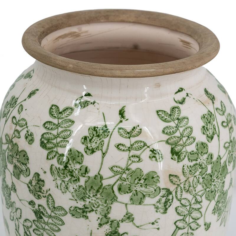 6.5x6.5x11.6" White Ceramic Flower Vase with Green Floral Pattern