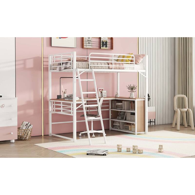 Metal Loft Bed with 3 Layers of Shelves and L-shaped Desk