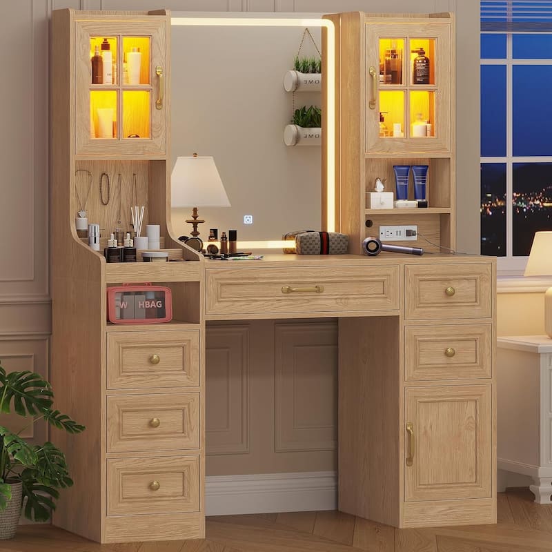 Vanity Desk Touch Screen Mirror Cabinets 6 Drawers 5 Jewelry Hooks - Natural