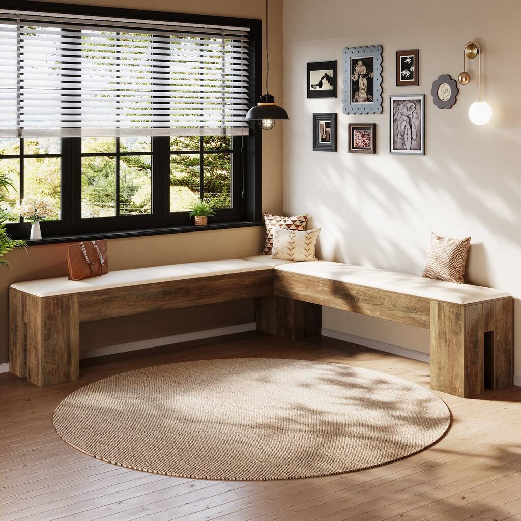 61 Inch L-Shaped Bench with Padded Seat Cushion - 13.78"D x 61.02"W x 17.71"H