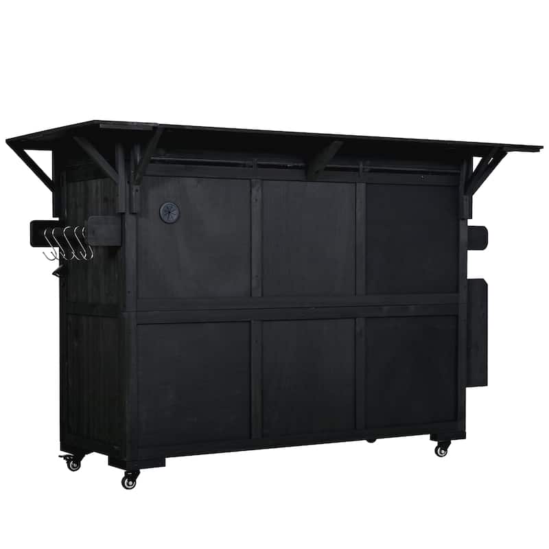 60" Rolling Outdoor Kitchen Island with Stainless Steel Top, Wood BBQ Prep Cart with Wine Rack & Drawers